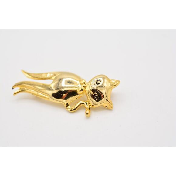 Vintage Cat Pin Brooch Pretty Gold Tone Shiny Metallic 1980s BinAJ - Picture 4 of 12